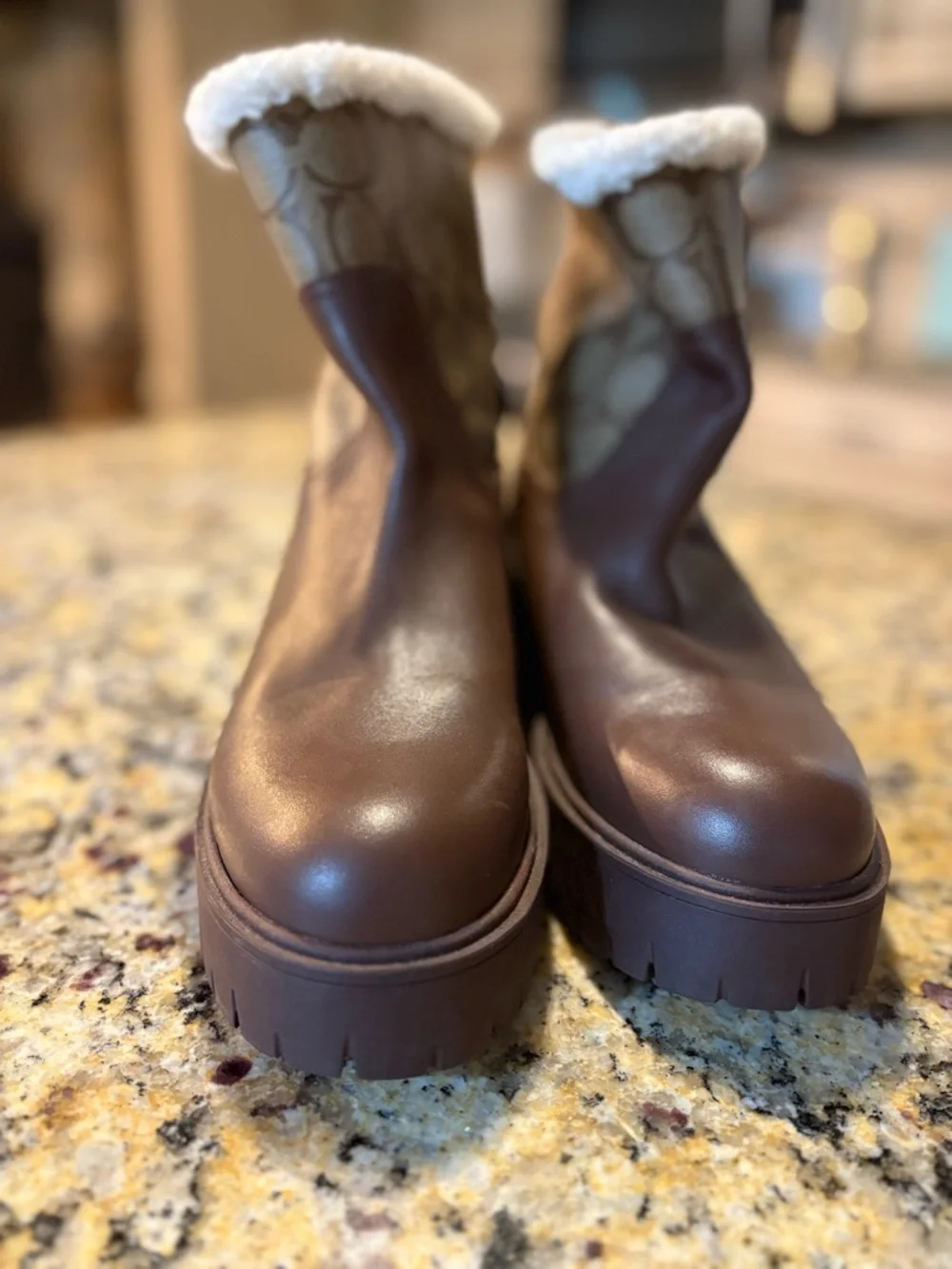 Coach Brown Logo-Panel Leather Platform Boots with Cream Shearling Cuff sz 8 - Picture 10 of 12